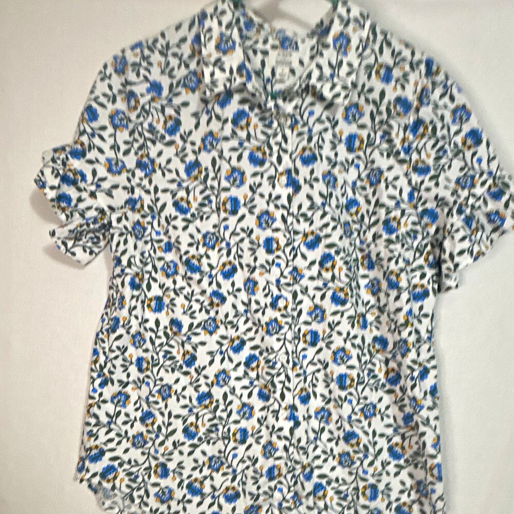 J.CREW Floral Button-Up Blouse S Woven Cotton Blend Ruffle Short Sleeve Poplin